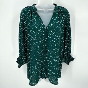 LUSH Blouse Womens S Green Polka Dot Top Button Front Vneck Polyester Flowy